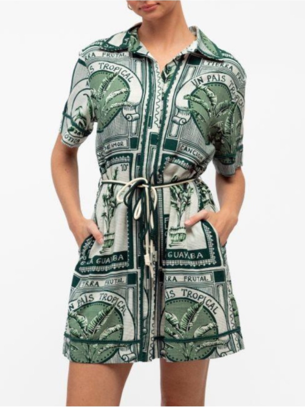Green Tropical Print Tie-Waist linen Dress